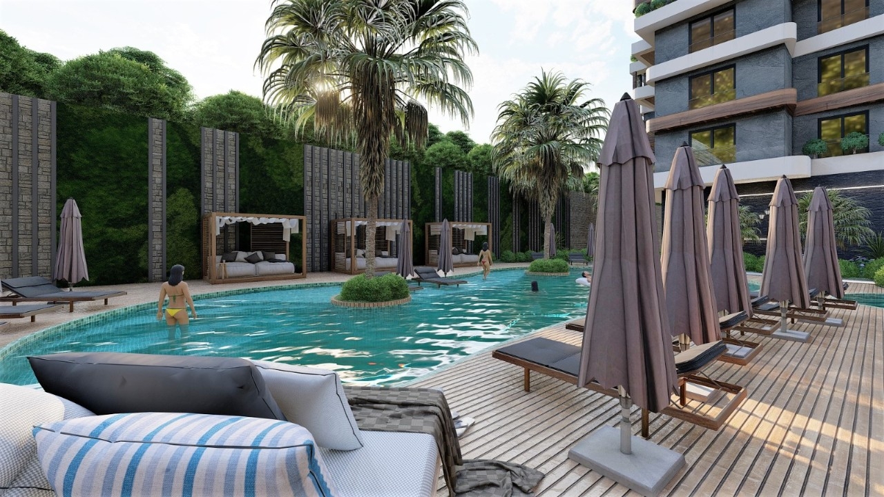 Luxuriöse 1+1 Wohnung mit Meerblick und Bergblick, Alanya - Avsallar