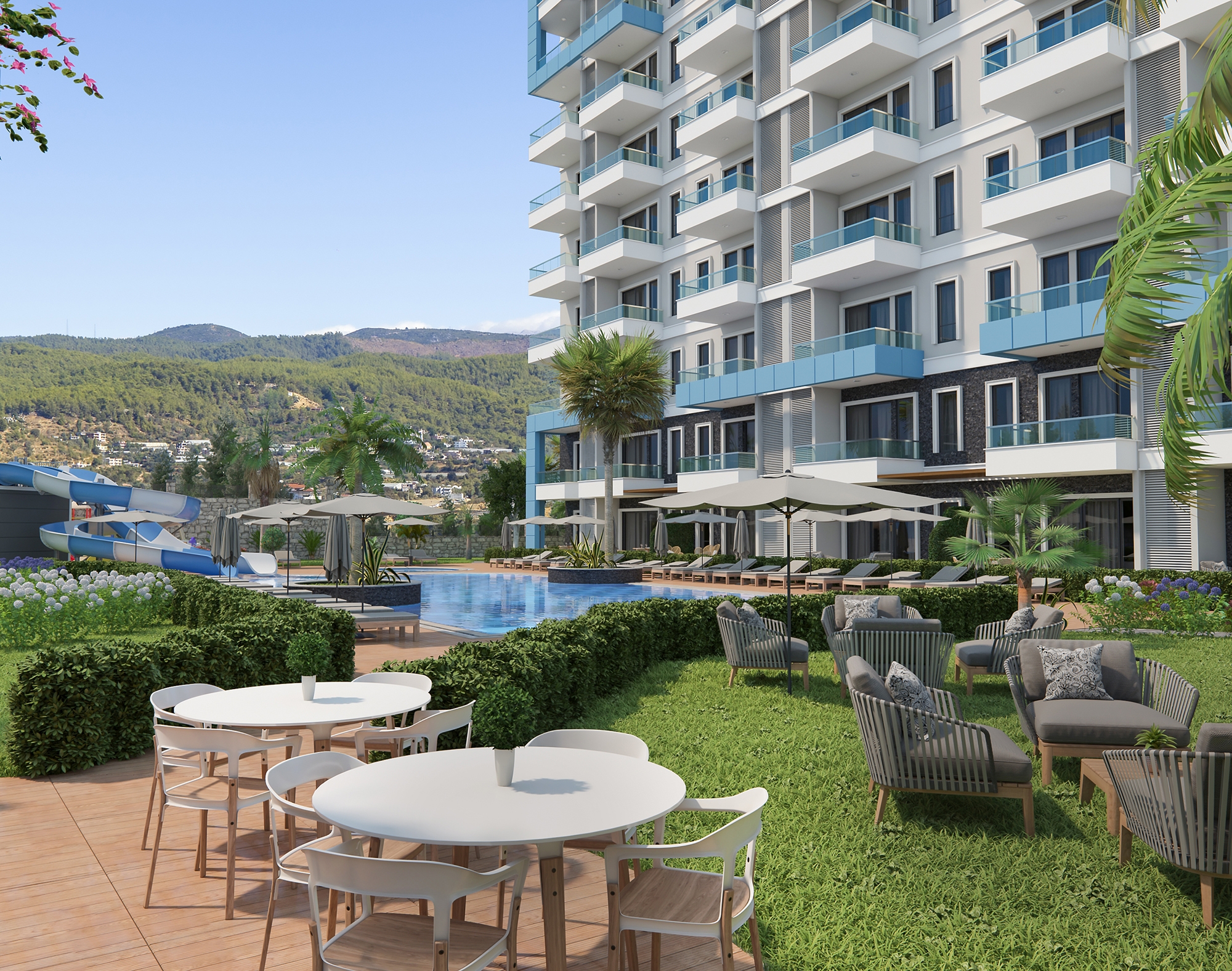 Luxuriöses 1+1 Apartment mit Meerblick und Bergblick in Alanya