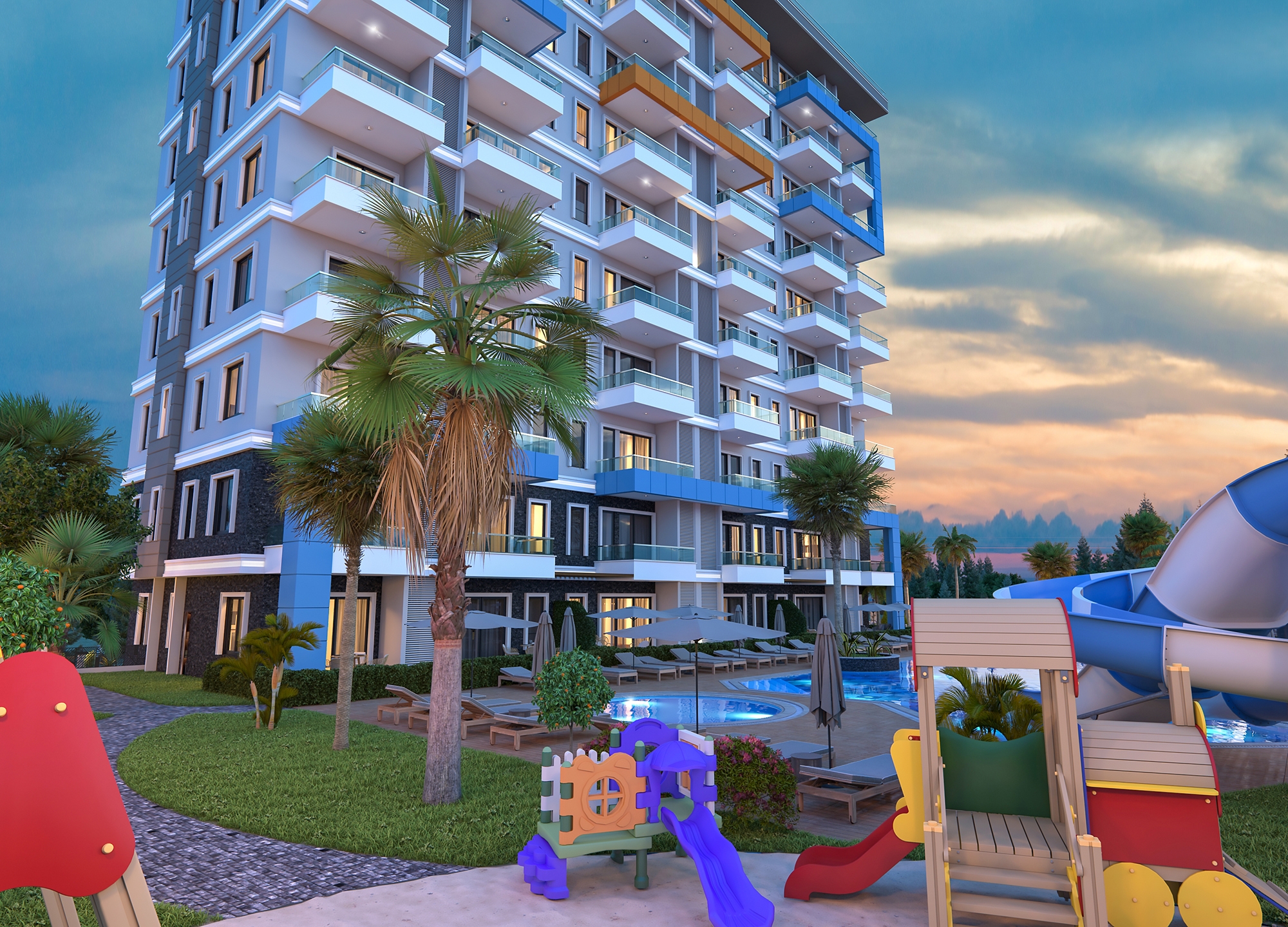 Luxuriöses 1+1 Apartment mit Meerblick und Bergblick in Alanya
