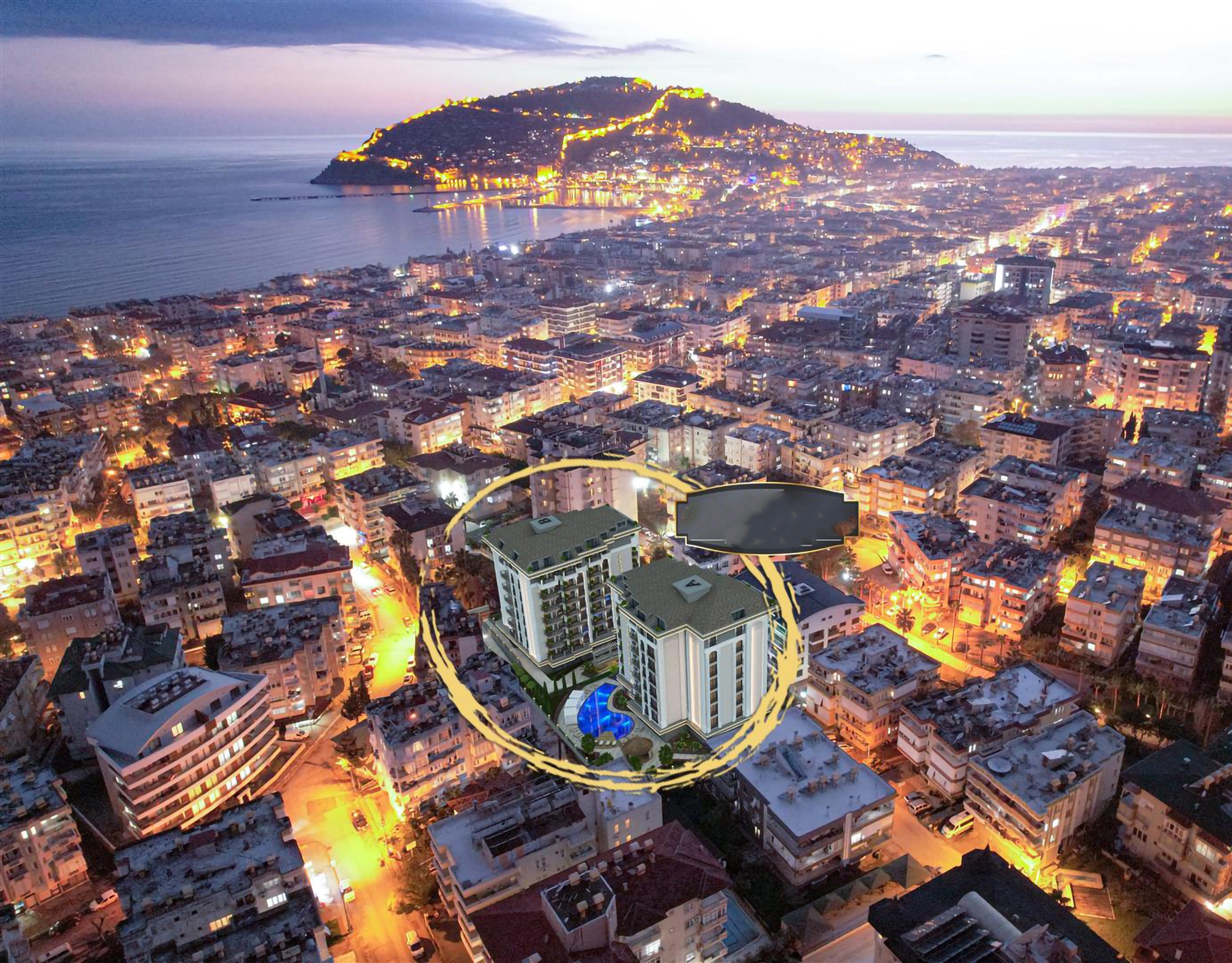 Luxury 1+1 Apartment with Sea, Castle, and Mountain Views in Alanya Center