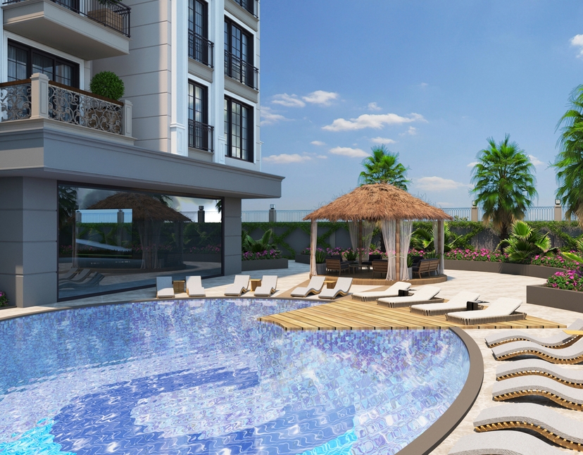 Luxury 1+1 Apartment with Sea, Castle, and Mountain Views in Alanya Center