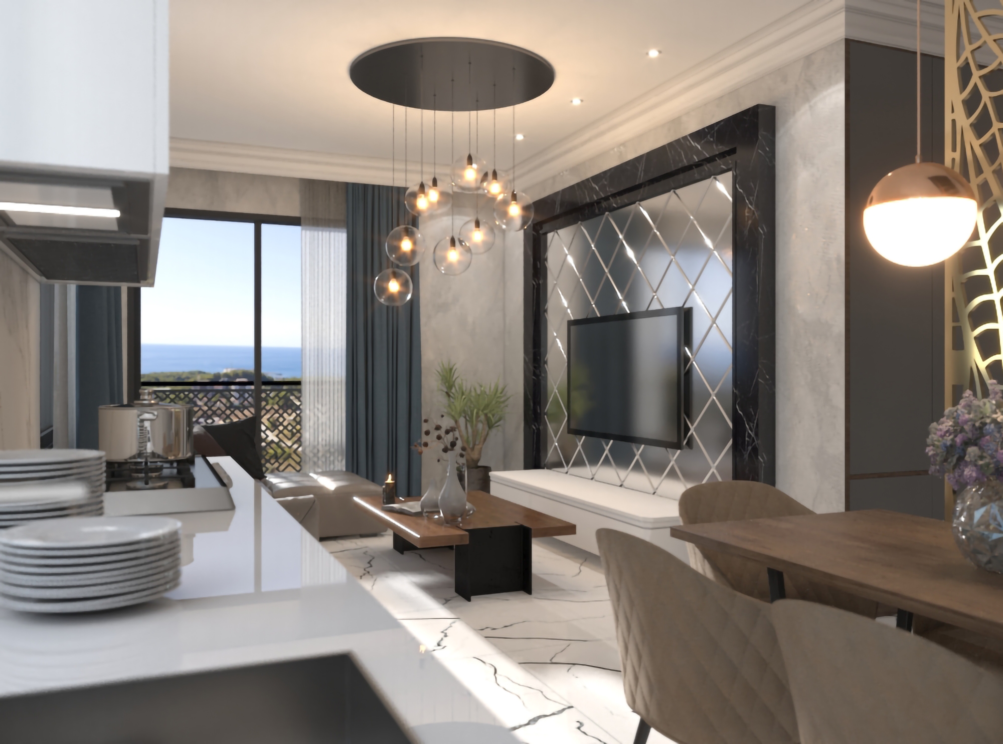 Luxuriöses 1+1 Apartment mit Meerblick und Bergblick in Alanya - Avsallar