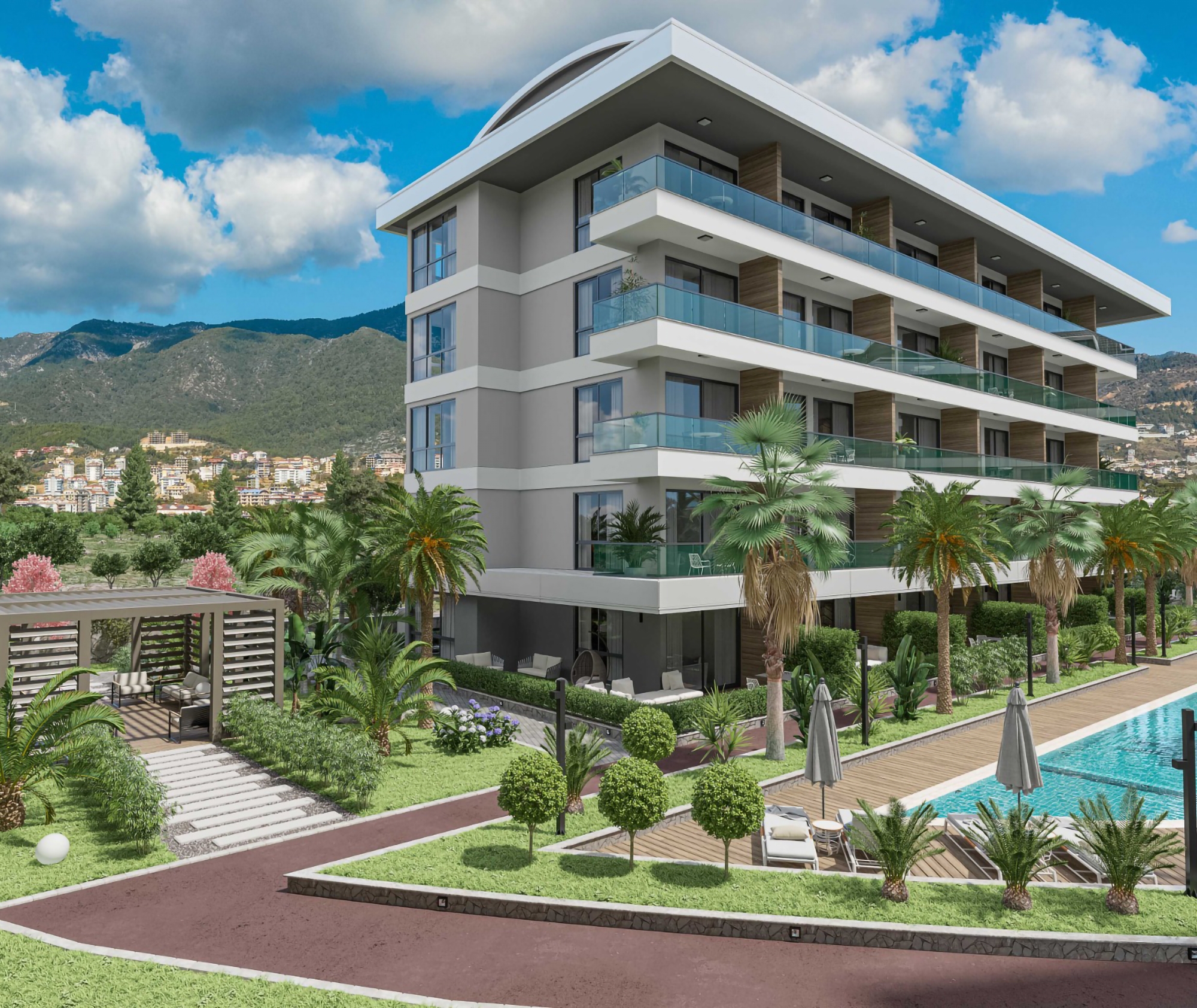 Luksuriøs 1+1 med utsikt over slottet og fjellene i Oba, Alanya