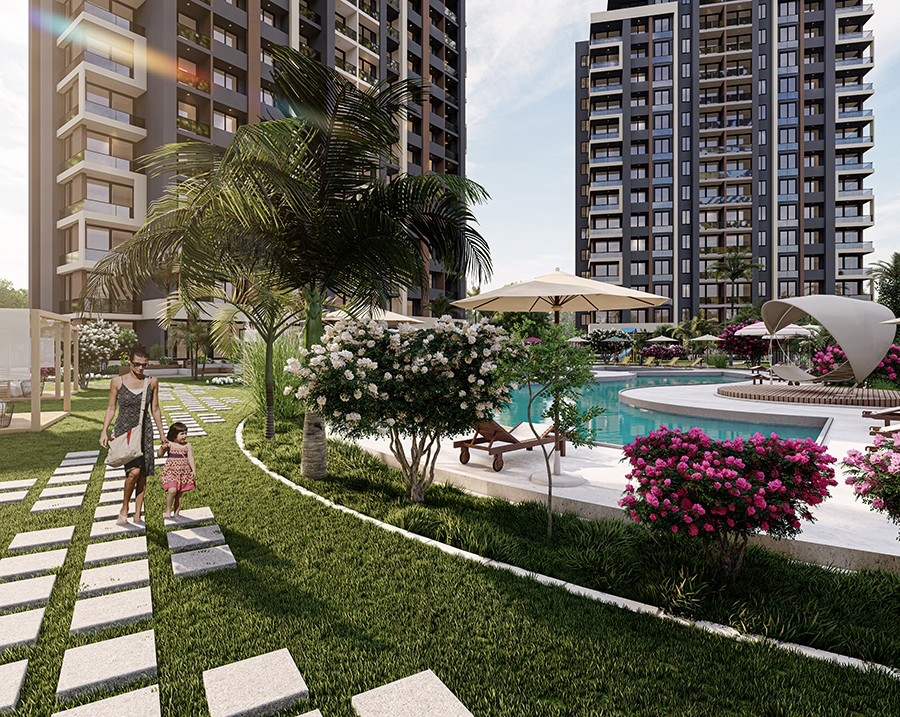 Luxuriöses 1+1 Apartment mit Meerblick und Bergblick, Mersin-Arpacbahsis