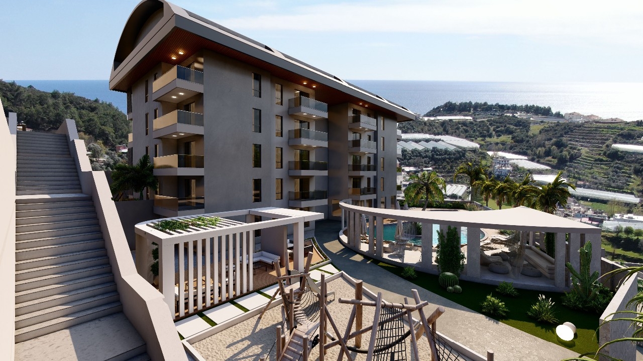 Luxuriöses 1+1 Apartment mit Meerblick, Burg- und Bergblick in Konakli, Alanya