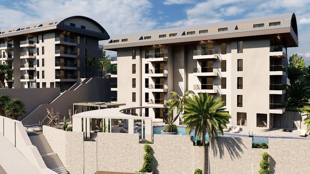 Luxuriöses 1+1 Apartment mit Meerblick, Burg- und Bergblick in Konakli, Alanya