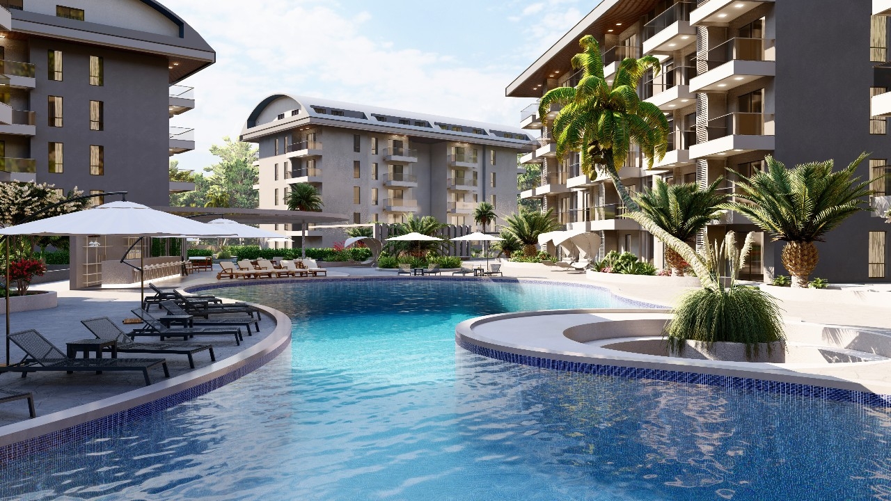 Luxuriöses 1+1 Apartment mit Meerblick, Burg- und Bergblick in Konakli, Alanya