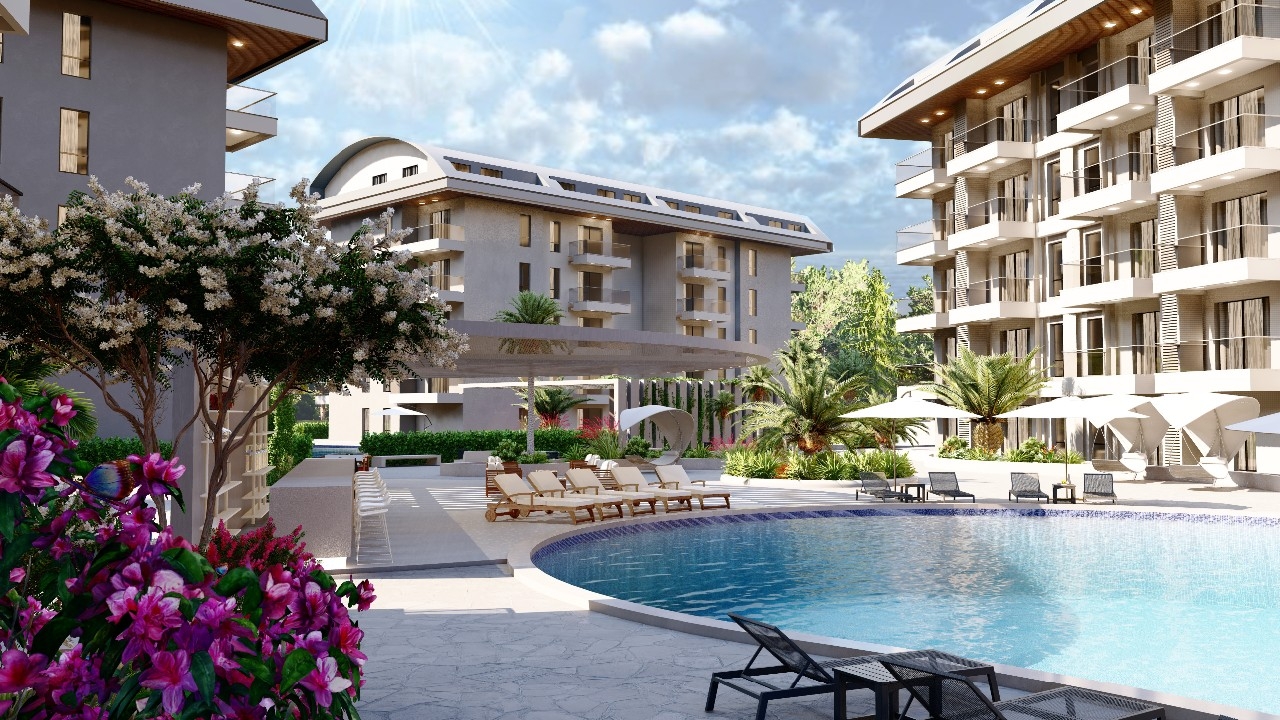 Luxuriöses 1+1 Apartment mit Meerblick, Burg- und Bergblick in Konakli, Alanya