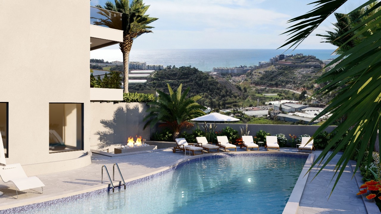 Luxuriöses 1+1 Apartment mit Meerblick, Burg- und Bergblick in Konakli, Alanya