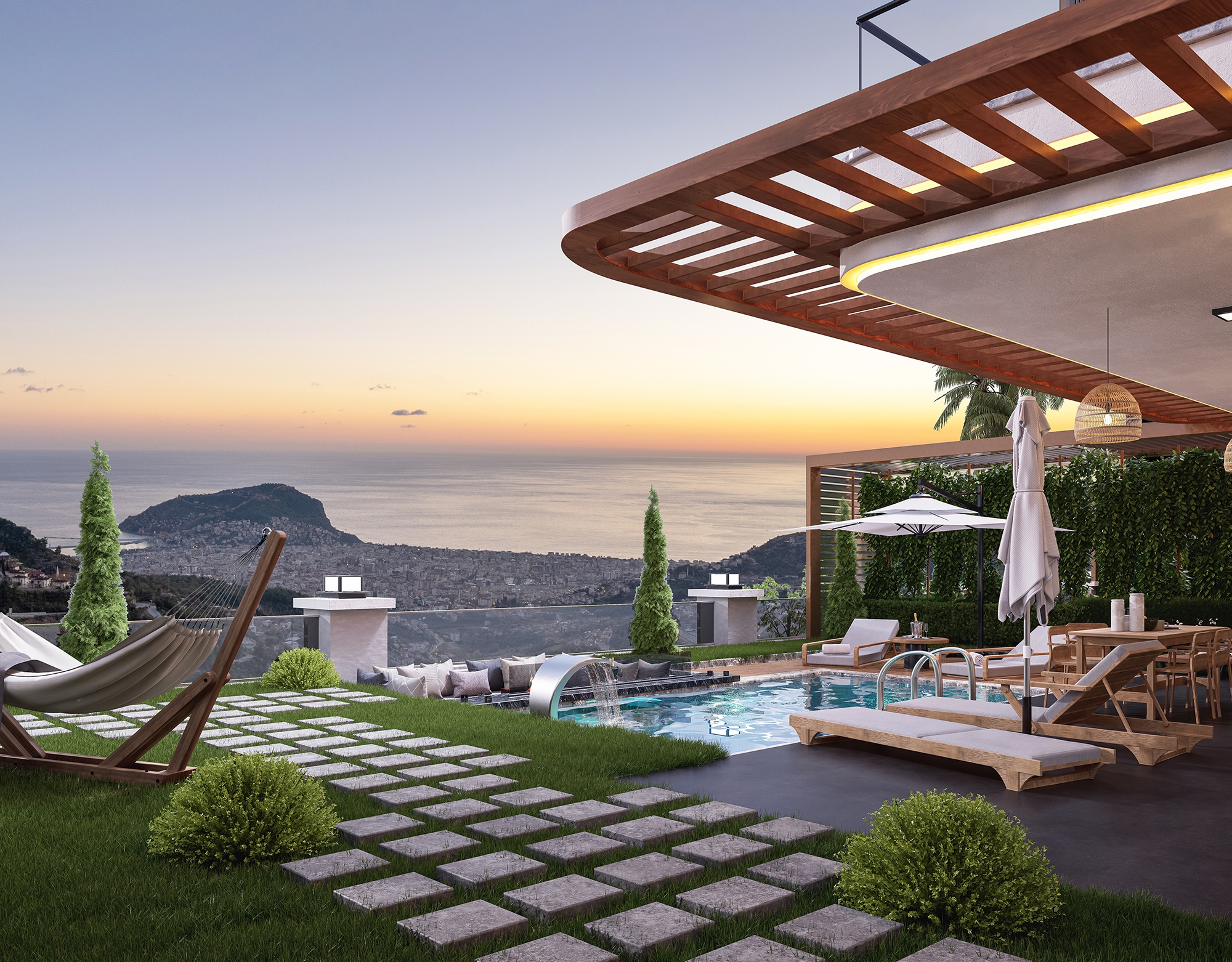 Luksus 4+1 Villa med Hav, Borg og Bjergudsigt i Alanya Tepe