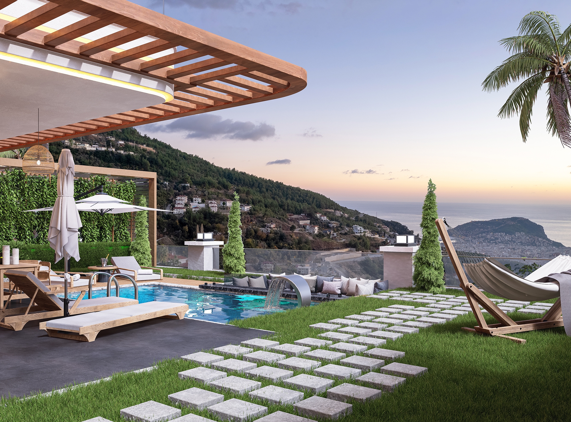Luksus 4+1 Villa med Hav, Borg og Bjergudsigt i Alanya Tepe