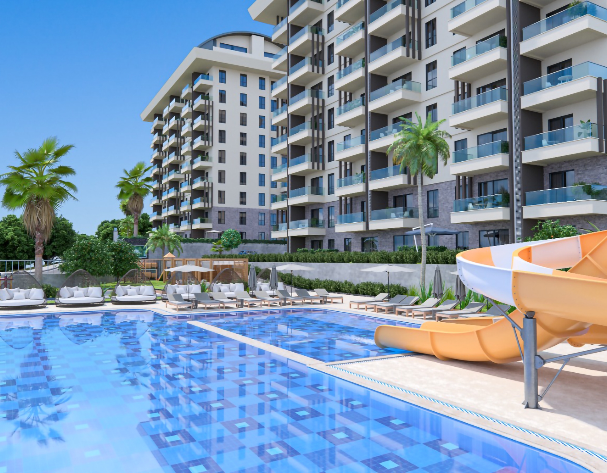Luxuriöse 1+1 Wohnung mit Meerblick und Bergblick in Payallar, Alanya