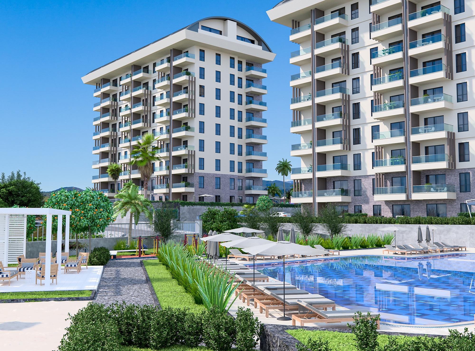 Luxuriöse 1+1 Wohnung mit Meerblick und Bergblick in Payallar, Alanya