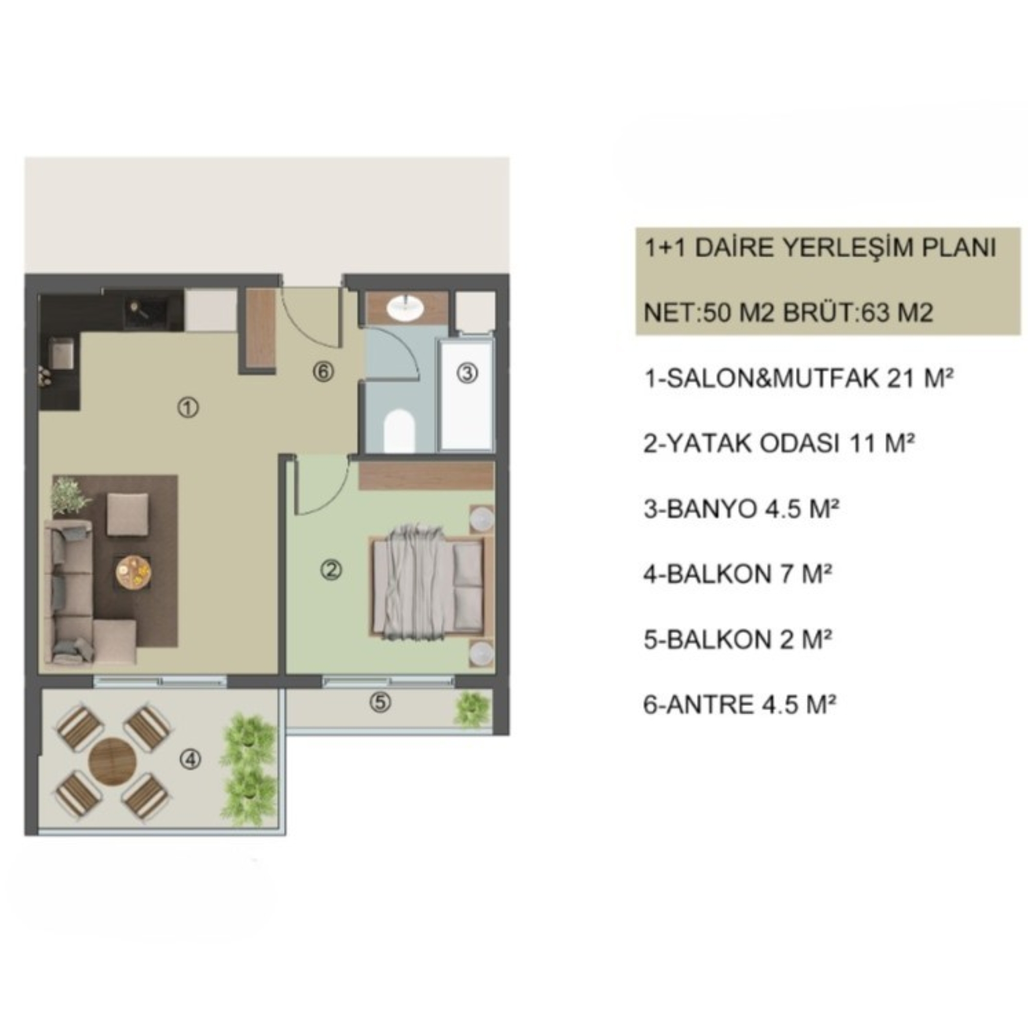 Luxuriöse 1+1 Wohnung mit Meerblick und Bergblick, Mersin-Çeşmeli