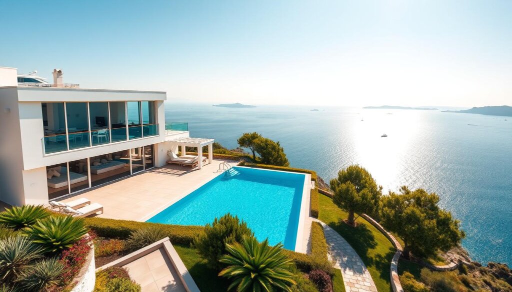 A breathtaking luxury villa nestled atop a seaside cliff, its pristine white facade gleaming under the golden Mediterranean sun. The villa's expansive windows frame the captivating panorama of the turquoise Aegean sea, with distant islands and yachts dotting the horizon. A large terrace, furnished with plush loungers, overlooks a sparkling infinity pool that seems to blend seamlessly with the boundless waters. Lush, manicured gardens surround the property, complemented by the warm, earthy tones of natural stone pathways. The villa's elegant, contemporary design effortlessly blends with the picturesque coastal setting, creating a sense of refined sophistication and tranquility.