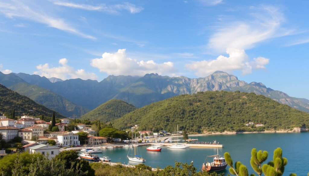 A breathtaking vista of the Kas Peninsula, nestled along Turkey's stunning Mediterranean coastline. The foreground features the iconic whitewashed buildings and quaint harbor, with fishing boats gently rocking on the clear turquoise waters. Lush, verdant hills rise in the middle ground, their slopes dotted with cypress and olive trees. In the background, majestic mountains cascade down to the sea, their rugged peaks bathed in warm, golden light filtering through wispy clouds. The scene exudes a serene, timeless charm, capturing the essence of this picturesque Mediterranean gem.