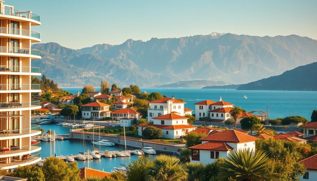 A bustling Mediterranean coastal town, Fethiye's property market is thriving. In the foreground, modern high-rise apartments overlook a vibrant harbor, their balconies offering sweeping views of the turquoise Aegean Sea. In the middle ground, traditional whitewashed villas with terra-cotta roofs stand amidst lush gardens, hinting at the region's rich architectural heritage. The background is dominated by the majestic Taurus Mountains, their rugged peaks casting long shadows over the town. The scene is bathed in warm, golden sunlight, creating a welcoming, idyllic atmosphere. Crisp, high-resolution photography captures the dynamic interplay of old and new, the natural beauty and the man-made structures that define the essence of the Fethiye property market.