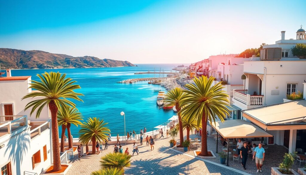 A bustling Mediterranean town nestled along the turquoise waters of the Aegean Sea, Kas boasts a well-developed infrastructure that seamlessly blends modern amenities with the region's timeless charm. The prompt depicts a picturesque scene showcasing the town's vibrant promenade, lined with whitewashed buildings, quaint cafes, and palm trees swaying gently in the warm coastal breeze. In the foreground, pedestrians stroll along the cobblestone walkways, while in the distance, the iconic Kas harbor comes into view, dotted with colorful fishing boats and yachts. Warm, golden sunlight bathes the scene, evoking a tranquil and inviting atmosphere. The overall composition highlights Kas' exceptional infrastructure, which supports a high quality of living and a thriving community, making it an alluring destination for those seeking to invest in property.