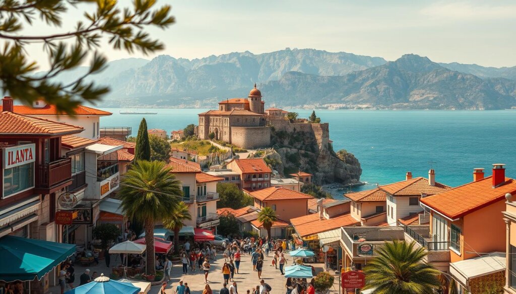 A bustling city nestled along the stunning Mediterranean coastline, Alanya, Turkey boasts a vibrant population. Capture the essence of this dynamic urban hub with a high-resolution, wide-angle photograph. In the foreground, depict the lively streets teeming with locals and tourists, colorful shops, and quaint cafes. In the middle ground, showcase the historic Alanya Castle perched atop a dramatic cliff, its iconic red-tiled roofs and ancient walls commanding attention. In the background, frame the glistening azure waters of the Mediterranean Sea, with rugged mountains rising in the distance. Utilize soft, warm lighting to create a inviting, welcoming atmosphere, and employ a shallow depth of field to draw the viewer's eye to the city's bustling heart. Convey the energy, culture, and natural beauty that make Alanya a captivating Turkish destination.