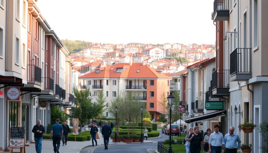 A bustling side street in a charming Turkish town, lined with well-appointed apartment buildings. In the foreground, residents stroll along the sidewalk, heading to nearby amenities. The middle ground showcases the facade of a modern, multi-story apartment complex, with balconies, windows, and neatly landscaped grounds. In the background, the rooftops of neighboring buildings create a picturesque skyline, bathed in warm, afternoon sunlight. The overall atmosphere is one of comfort, community, and a high standard of living, reflecting the desirable features and facilities that define the ideal Side apartment.