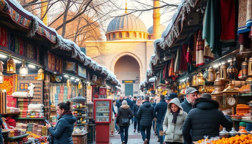 A bustling winter scene at the Alanya Bazaar, with an array of vibrant stalls and vendors offering handcrafted wares, spices, and local delicacies. In the foreground, colorful rugs, embroidered textiles, and brass lanterns catch the eye. In the middle ground, shoppers browse the selection, their breath visible in the crisp air. The background features the iconic Seljuk architecture, with its domed roofs and arched entrances, bathed in warm, golden light. The atmosphere is lively and inviting, capturing the essence of the local culture and the joys of winter shopping in this historic Turkish marketplace.