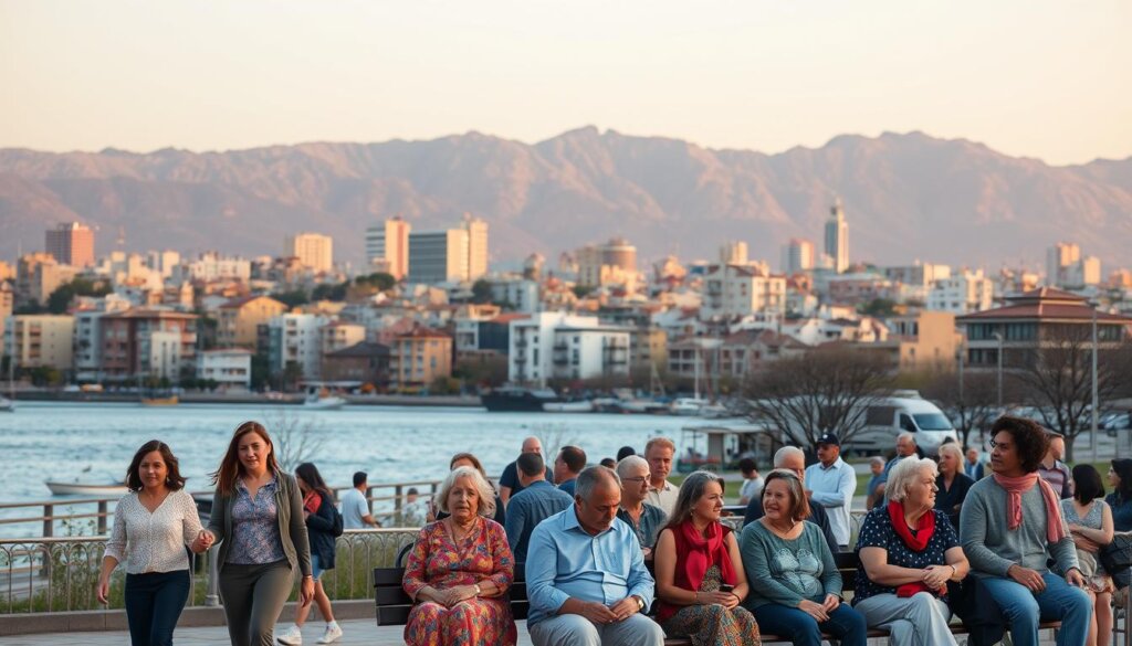 A city skyline at dusk, the Taurus Mountains looming in the background. In the foreground, a diverse group of Alanya residents from various age groups and ethnicities, engaged in everyday activities - a young family strolling, elderly couples sitting on benches, and groups of friends chatting animatedly. The lighting is warm and soft, casting a golden glow over the scene. The architecture reflects the city's rich cultural heritage, with a mix of modern and traditional buildings. The overall atmosphere conveys a vibrant, welcoming, and inclusive community.