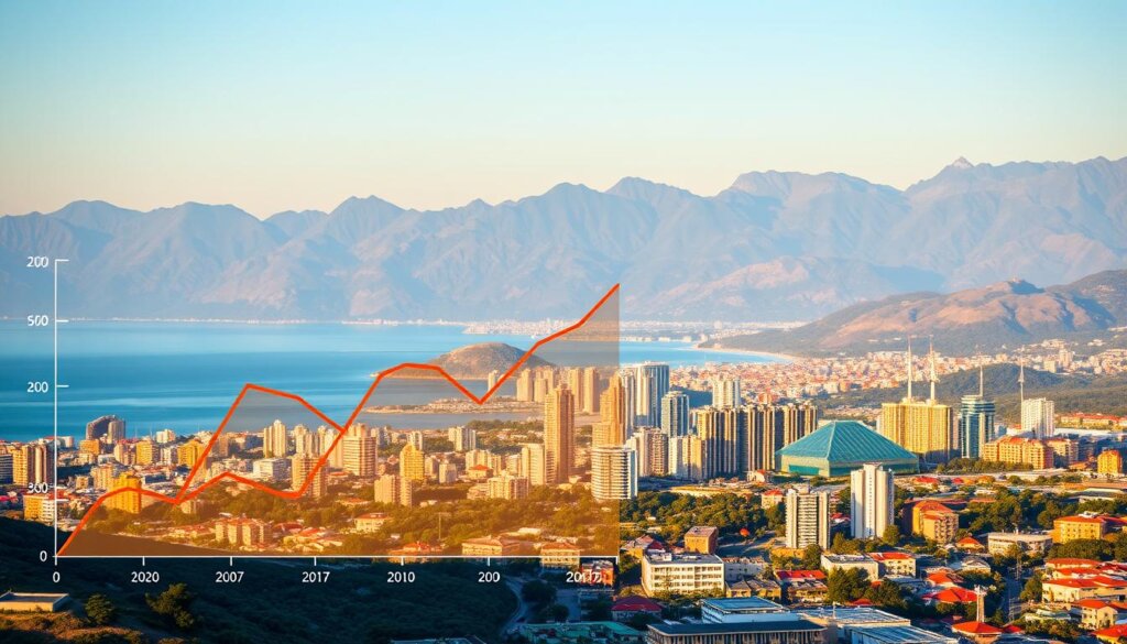 A cityscape of Alanya, Turkey, set against a backdrop of the Mediterranean Sea and the Taurus Mountains. The foreground features a graph charting the population growth over the past few decades, with dynamic lines and curves representing the upward trend. The middle ground showcases the coastal skyline, with a mix of modern high-rises and traditional Turkish architecture. The background is illuminated by warm, golden sunlight, casting a serene and prosperous atmosphere. The scene is captured through a wide-angle lens, providing a comprehensive view of the city's expansion and development.