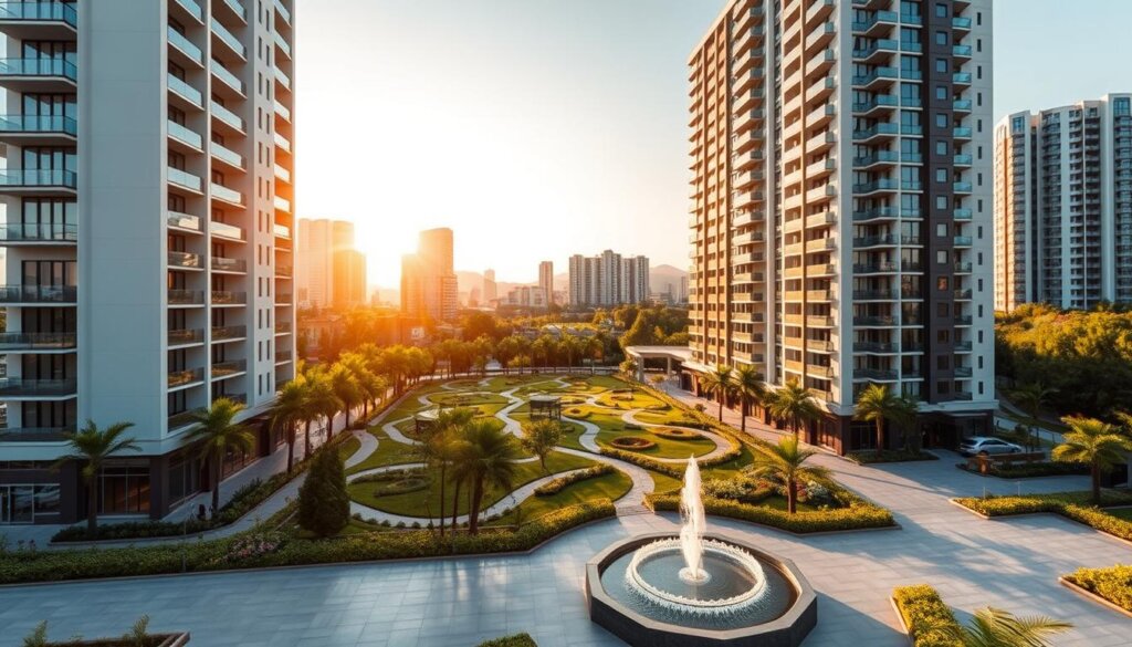 A contemporary Turkish real estate complex, capturing the essence of modern urban living. In the foreground, a sleek, high-rise apartment building with clean lines and expansive glass facades, bathed in warm, golden sunlight. The middle ground features a meticulously landscaped courtyard, with lush greenery, winding paths, and a tranquil fountain. In the background, the skyline is dotted with additional residential towers, creating a harmonious and vibrant cityscape. The overall atmosphere conveys a sense of sophistication, comfort, and innovation, reflecting the aspirations of Turkey's thriving apartment market.