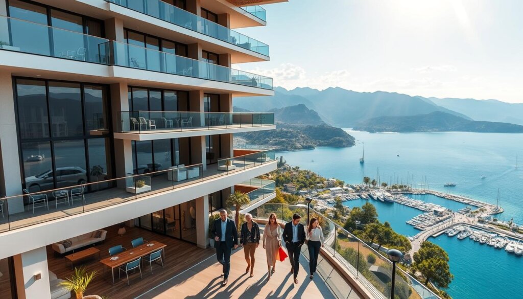 A contemporary high-rise apartment building overlooking the azure waters of the Aegean Sea in Fethiye, Turkey. The property's sleek, modern architecture and expansive balconies offer breathtaking views of the surrounding mountains and harbor. Rays of warm, golden sunlight illuminate the scene, creating a welcoming, inviting atmosphere. Prospective buyers stroll through the well-appointed lobby, envisioning the investment potential of this prime real estate. The image conveys the sophisticated, luxurious lifestyle that Fethiye property ownership can provide, making it an alluring opportunity for discerning investors.