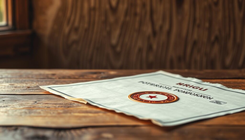 A crisp, high-resolution document with the official Turkish seal prominently displayed, resting on a weathered oak table. The document's edges are slightly worn, conveying its historical significance. Warm, natural lighting filters in from a nearby window, casting a soft glow on the paper's surface. The textured background seamlessly blends earthy tones, creating a sense of authenticity and tradition. The overall composition evokes a feeling of trust, stability, and the importance of property ownership in Turkish culture.