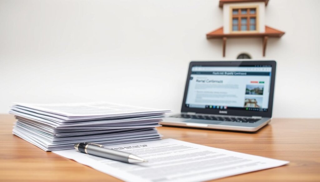 A detailed Turkish rental contracts guide against a clean white background, with crisp lighting and a shallow depth of field. In the foreground, stacks of official-looking documents and a pen resting on a wooden table. In the middle ground, a modern laptop and a tablet displaying relevant rental information. The background features architectural elements reminiscent of traditional Turkish buildings, hinting at the real estate context. The overall mood is professional, informative, and evocative of the complexities of navigating rental agreements in Turkey.