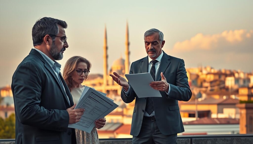 A detailed illustration of the property buying process in Turkey, captured in a realistic, cinematic style. In the foreground, a serious-looking foreign couple stands before a Turkish official, documents in hand, engaged in an important discussion. In the middle ground, a real estate agent gestures animatedly, explaining the intricacies of the TAPU (title deed) system. The background showcases a vibrant Turkish cityscape, with the iconic minarets of a mosque visible in the distance, bathed in warm, golden sunlight. The overall scene conveys the gravity and cultural significance of this significant life event for a foreign homebuyer in Turkey.
