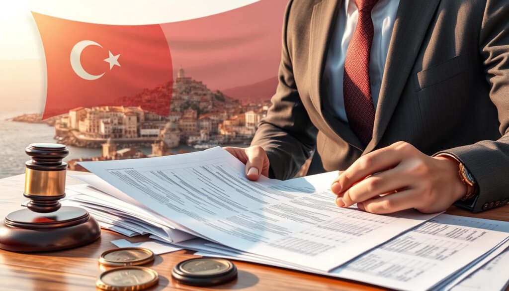 A detailed legal document depicting the property purchase process in the coastal town of Side, Turkey. In the foreground, a well-dressed businessperson reviews a stack of paperwork, surrounded by assorted legal forms, seals, and a gavel. The middle ground features a panoramic view of Side's historic architecture and coastline, bathed in warm, golden sunlight. The background subtly showcases the Turkish flag, symbolizing the local legal framework. The image exudes a sense of professionalism, attention to detail, and the authenticity of the property acquisition journey in this picturesque Mediterranean setting.