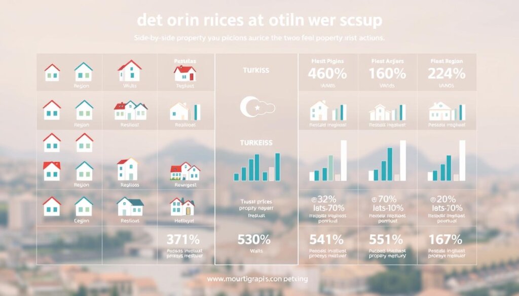 A detailed side-by-side comparison of property prices across various Turkish regions, presented in a clean, infographic-style layout. The foreground features a grid of stylized property icons, each representing a different region, with varying sizes and colors to denote relative pricing. The middle ground showcases a series of bar charts and data visualizations, highlighting the price differences between the regions in a clear, data-driven manner. The background features a soft, gradient-based cityscape or landscape, providing a subtle contextual backdrop without distracting from the main informational elements. The overall mood is professional, informative, and visually compelling, designed to effectively convey the subject matter to the reader.