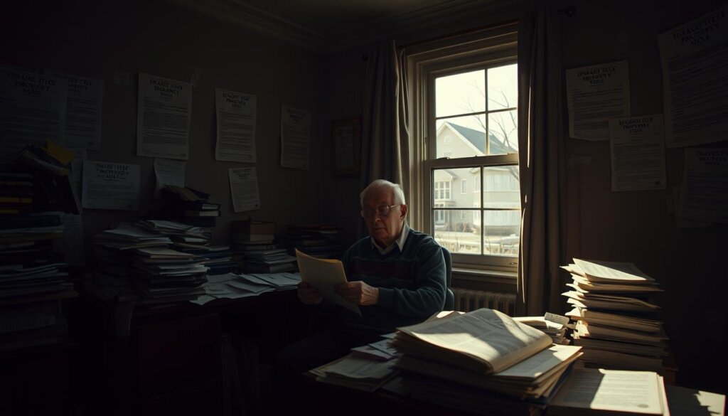A dimly lit room, the air thick with tension. An elderly homeowner, burdened with worry, sits at a cluttered desk, surrounded by stacks of unpaid property tax bills. The walls are adorned with ominous legal notices, casting a foreboding shadow over the scene. In the background, a window offers a glimpse of a once-vibrant neighborhood, now shrouded in a sense of despair. The lighting is harsh, creating deep shadows that accentuate the gravity of the situation. The scene conveys the heavy consequences of neglecting property tax payments, a cautionary tale of the dire consequences that can arise from such financial missteps.