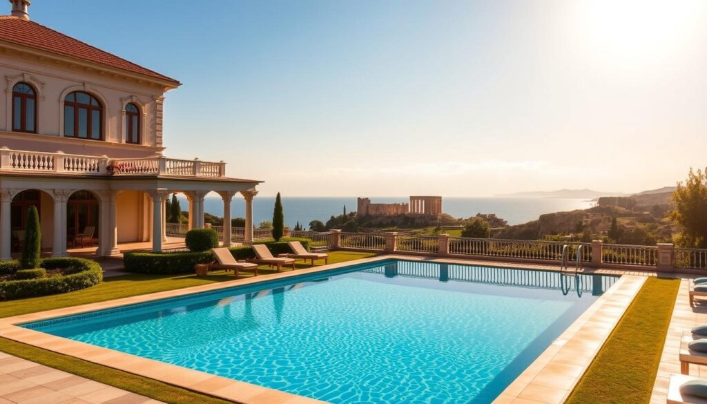 A grand villa nestled in the picturesque town of Side, Turkey, with a shimmering private pool reflecting the azure Mediterranean sky. The foreground showcases the villa's elegant facade, featuring intricate architectural details and a lush, well-manicured garden. In the middle ground, the private pool invites visitors to take a dip, surrounded by plush lounge chairs and a sun-dappled terrace. The background reveals the stunning coastal landscape, with the historic ruins of Side providing a captivating backdrop. The scene is bathed in warm, golden sunlight, creating a serene and luxurious atmosphere that evokes the high-end lifestyle of villa living in this idyllic Mediterranean destination.