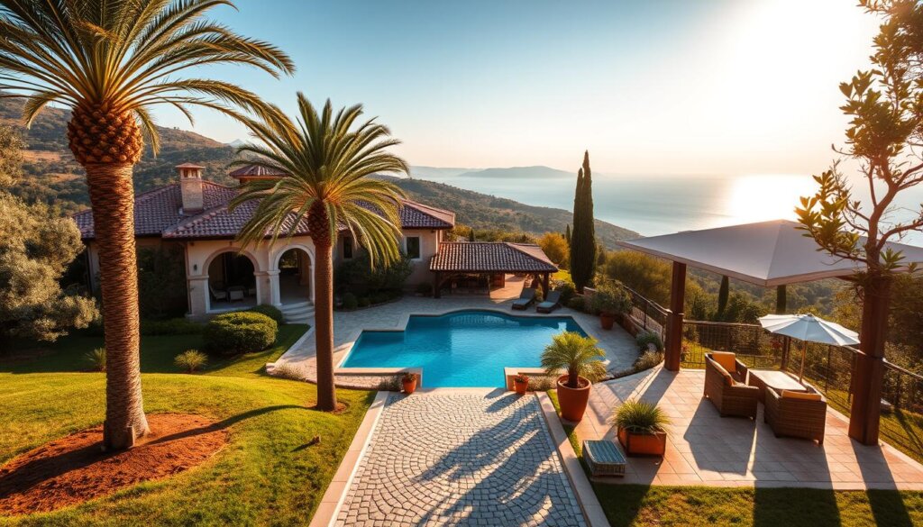A lavish Turkish villa nestled in a lush Mediterranean landscape, with terracotta roofs, ornate arched windows, and a sprawling garden. The property is bathed in warm, golden sunlight, casting long shadows and creating a sense of tranquility. In the foreground, a cobblestone path leads to the villa's grand entrance, flanked by towering palm trees and fragrant olive trees. The middle ground features a sparkling pool surrounded by a stone terrace, where wicker furniture and potted plants create a luxurious outdoor living space. In the background, rolling hills dotted with cypress trees and the shimmering blue of the Aegean Sea complete the picturesque scene.