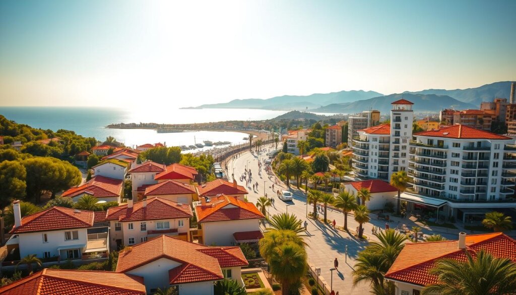 A lush Mediterranean landscape with a picturesque coastal town of Side, Manavgat in the foreground. The scene features a range of property types - from charming traditional villas with red-tiled roofs to modern high-rise apartments boasting panoramic sea views. The middle ground showcases a bustling promenade lined with palm trees, bustling cafes, and local shops, hinting at the vibrant lifestyle. In the background, rolling hills and the sparkling Aegean Sea create a serene, idyllic atmosphere. Warm afternoon sunlight casts a golden glow over the entire scene, highlighting the architectural details and natural beauty that may influence property choices in this desirable location.
