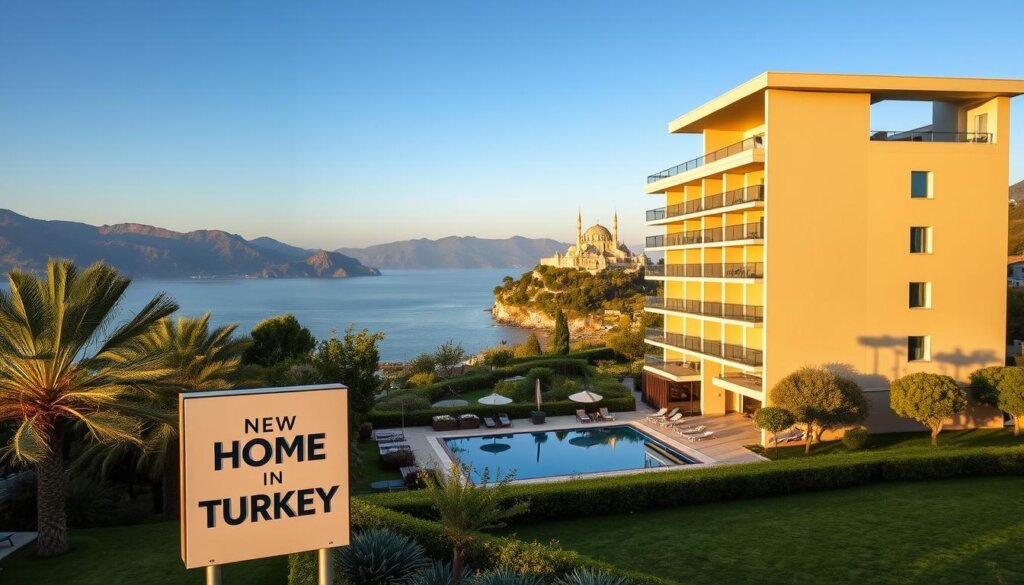 A luxurious modern apartment building nestled between the shimmering Mediterranean Sea and the majestic Taurus Mountains in Alanya, Turkey. The building's sleek, minimalist facade is bathed in warm, golden sunlight, casting long shadows across the lush, landscaped garden. In the foreground, a "New Home in Turkey" sign stands proudly, inviting potential investors to explore the idyllic property opportunities. The middle ground features a tranquil swimming pool, where residents can lounge and soak up the breathtaking views. The background showcases the iconic Alanya Castle, a historical landmark towering over the vibrant city. This image conveys the perfect balance of coastal living, natural beauty, and promising real estate investment in the thriving Alanya market.