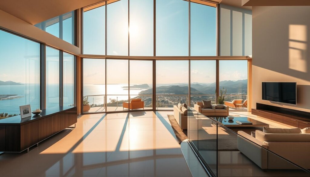 A luxurious penthouse overlooking the stunning side of Manavgat, Turkey. The expansive living room features floor-to-ceiling windows that offer breathtaking views of the turquoise Mediterranean Sea and the lush, rolling hills in the distance. Warm, golden sunlight filters through the space, casting a soft, ethereal glow. Sleek, modern furniture and decor complement the airy, contemporary aesthetic. In the foreground, a spacious balcony with a glass-enclosed railing invites residents to step outside and enjoy the gentle sea breeze and panoramic vistas. This opulent penthouse promises a truly elevated living experience, with unparalleled luxury and unobstructed views of the picturesque Manavgat landscape.