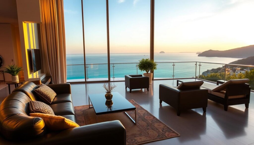 A luxurious seaside apartment in Fethiye, Turkey, with a sweeping panorama of the Aegean Sea. The open-concept living space features floor-to-ceiling windows that flood the room with natural light, offering breathtaking vistas of the turquoise waters and distant islands. Plush leather furnishings and sleek, modern decor create an atmosphere of refined sophistication. The spacious balcony, furnished with comfortable lounge chairs, provides an idyllic setting to enjoy the salty sea breeze and stunning sunsets. Warm, golden lighting casts a soft glow, accentuating the apartment's high-end finishes and materials. This serene, coastal oasis offers the perfect blend of luxury and relaxation, perfectly capturing the essence of Fethiye's desirable real estate market.