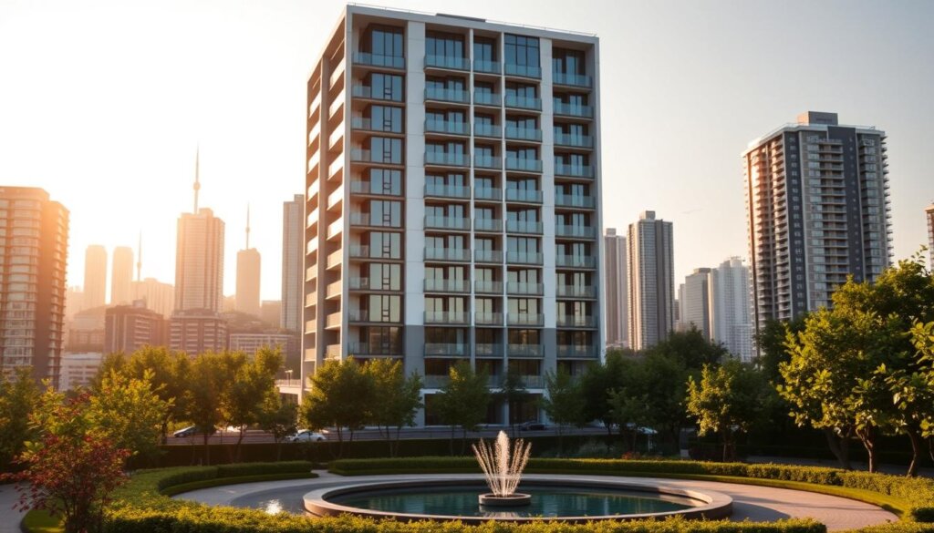 A modern high-rise apartment building against a backdrop of the iconic Istanbul skyline, bathed in warm, golden afternoon light. The building's sleek, contemporary facade is accentuated by clean lines and large, sun-drenched windows. In the foreground, a well-manicured garden with lush greenery and a tranquil water feature, inviting potential investors to envision the property's luxurious living experience. The scene conveys a sense of sophistication, stability, and the promise of a lucrative real estate opportunity in the thriving Turkish market.