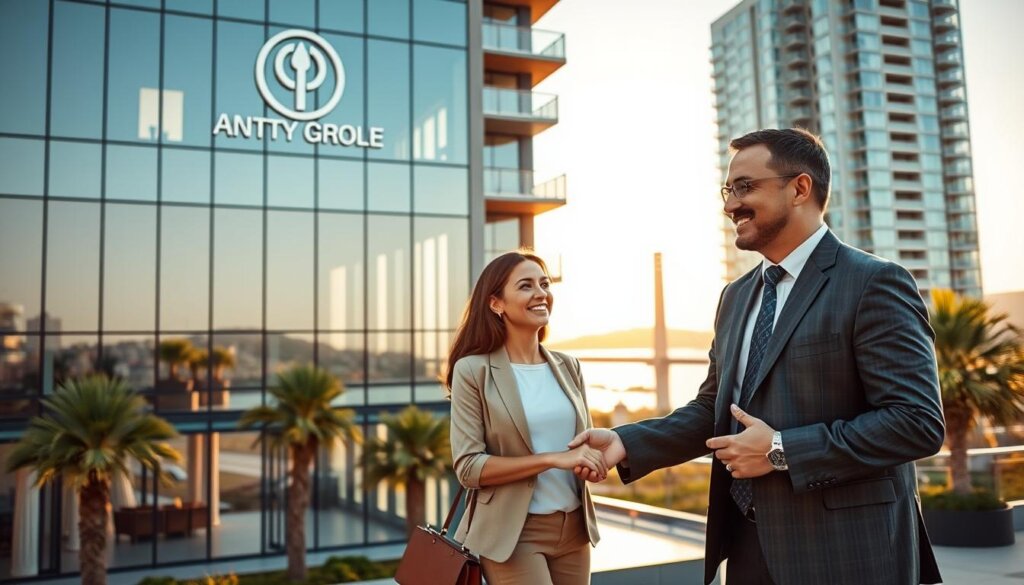 A modern high-rise building with property management services in Antalya, Turkey. The facade features sleek glass panels and a prominent logo, conveying a professional, upscale aesthetic. In the foreground, a well-dressed property manager greets a smiling couple, gesturing towards the building's entrance. The background showcases the picturesque Mediterranean cityscape, with palm trees and the iconic Bosphorus Bridge in the distance, illuminated by warm, golden afternoon light. The overall scene exudes a sense of trust, efficiency, and the promise of a seamless rental experience for Antalya's discerning real estate clients.