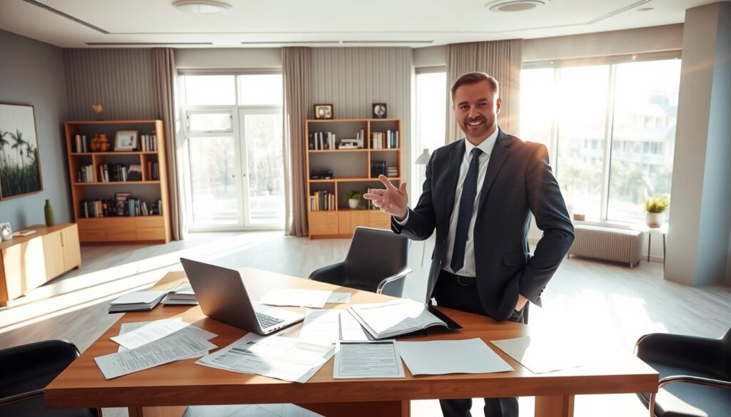A modern office interior with a large desk, a laptop, and various documents and papers scattered across the surface. The room is flooded with natural light streaming in through floor-to-ceiling windows, creating a warm and inviting atmosphere. A professional-looking person, dressed in a tailored suit, stands in front of the desk, gesturing towards the documents, indicating a property valuation analysis. The walls are adorned with minimalist artwork and shelves displaying industry-relevant books and awards, reinforcing the professional, high-quality nature of the property valuation process.