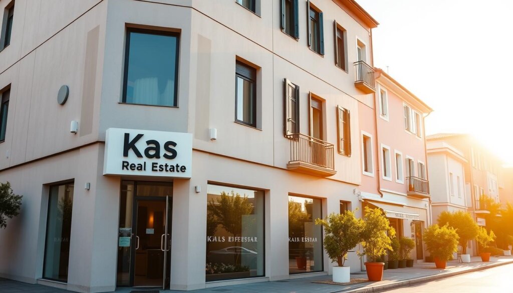 A modern, sleek office building with a prominent "Kas Real Estate" sign displayed on the facade. The building is situated in a quaint, Mediterranean-style town, with colorful buildings and lush greenery in the background. Warm, golden sunlight bathes the scene, casting long shadows and creating a serene, inviting atmosphere. The image conveys a sense of professionalism, trustworthiness, and the potential for prosperous real estate investments in this desirable location.