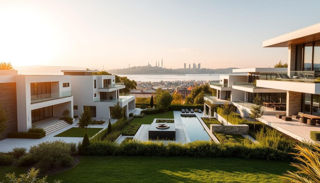 A modern villa complex nestled in the heart of Istanbul, Turkey. A striking architectural blend of sleek lines, glass facades, and natural materials like stone and wood. The foreground features elegantly landscaped gardens with lush greenery and a serene water feature. The middle ground showcases the villas themselves, with their clean, minimalist designs and distinctive facades. In the background, the iconic skyline of Istanbul rises, with the Bosphorus Strait visible in the distance. Warm, golden sunlight filters through, creating a sense of tranquility and sophistication. The scene is captured through a wide-angle lens, emphasizing the harmonious integration of the villas with their urban surroundings.
