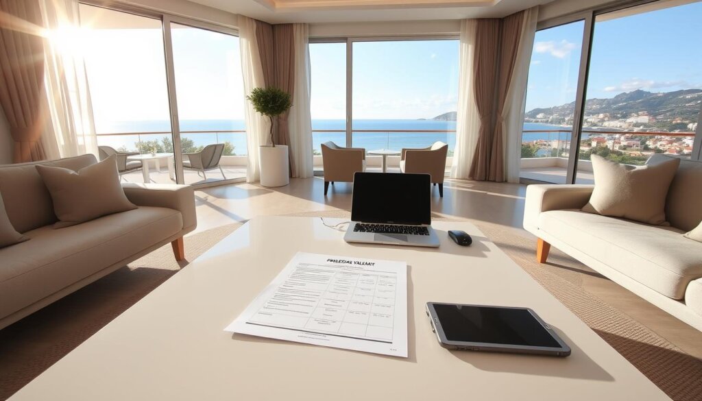 A modern, well-appointed living room with large windows overlooking a stunning Mediterranean coastal landscape in Alanya, Turkey. Sunlight floods the space, illuminating a tastefully decorated interior with neutral tones and natural materials. At the center, a professional valuation document lies on a sleek, minimalist coffee table, accompanied by a laptop and tablet, signifying the process of property assessment. The room exudes a sense of tranquility and sophistication, reflecting the care and preparation required to present a property for a successful sale.