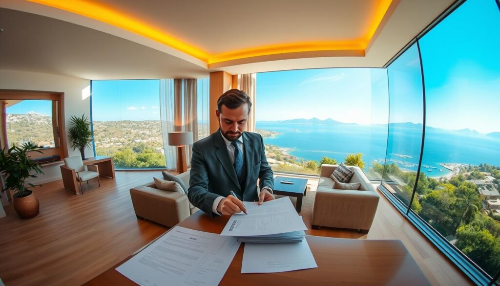 A panoramic view of a Belek property purchase process, captured with a wide-angle lens. In the foreground, a real estate agent guides a prospective buyer through meticulously detailed paperwork, their expressions conveying a sense of professionalism and trust. The middle ground features a cozy, well-appointed living room, showcasing the property's inviting ambiance. In the background, a picturesque Mediterranean landscape unfolds, with lush greenery, sparkling azure waters, and the distant silhouette of the Taurus Mountains, creating a serene and aspirational atmosphere. Warm, natural lighting casts a soft glow, highlighting the seamless integration of the indoor and outdoor spaces. The overall scene embodies the legal considerations and the allure of investing in Belek, Turkey.