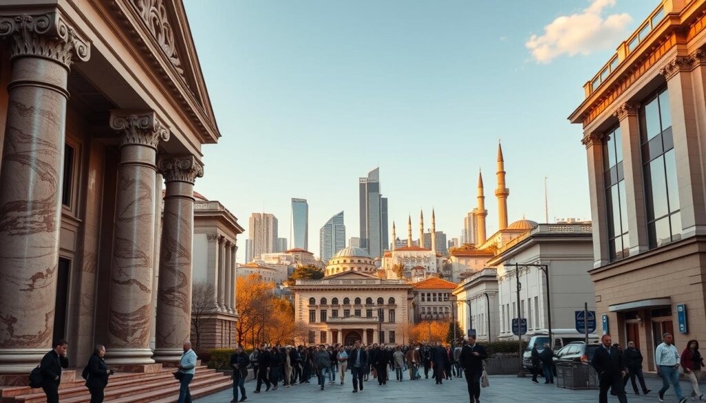 A panoramic view of a bustling Turkish city, with imposing government buildings in the foreground. The facade of the municipal tax office takes up the center, its marble columns and intricate carvings illuminated by warm, golden sunlight. In the middle ground, a line of citizens waits patiently to enter, carrying folders and documents. The background is a skyline of towering skyscrapers and minarets, hinting at the rapid urban development and economic growth of the country. The scene conveys a sense of civic duty and the weight of property taxes in the lives of Turkish citizens, set against the backdrop of the nation's architectural heritage.