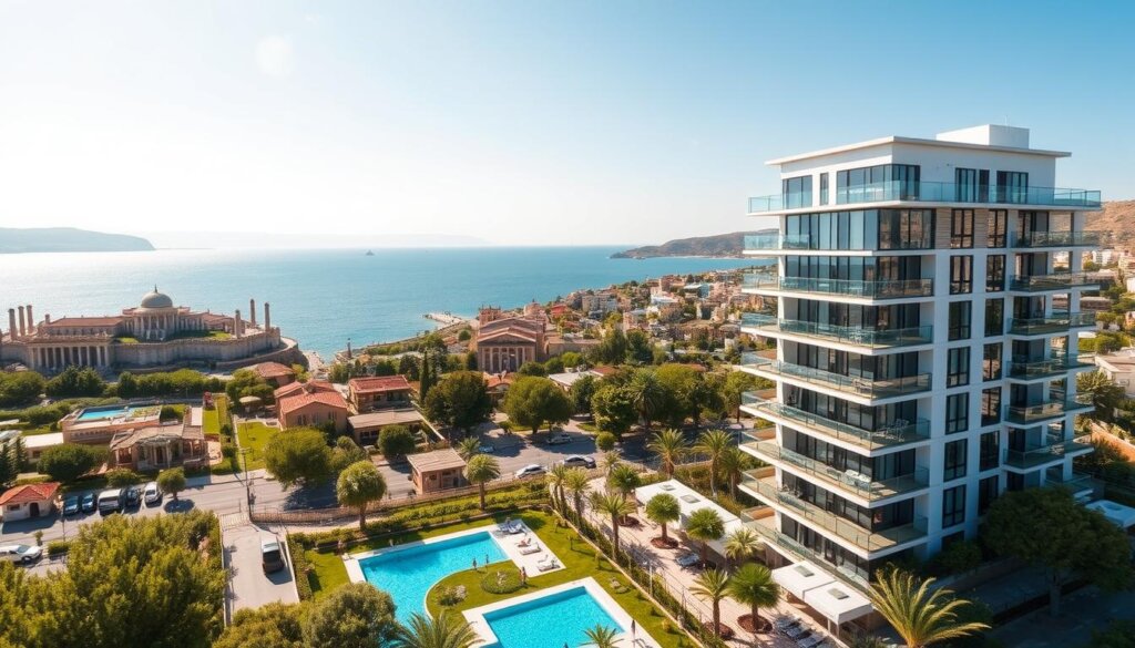 A picturesque Mediterranean city nestled along the Turkish Riviera, Side offers a tranquil and sun-drenched setting for savvy investors. Against a backdrop of ancient ruins and rolling hills, a modern high-rise apartment complex stands tall, its glass facade reflecting the shimmering turquoise waters of the Aegean Sea. Sunlight streams through large windows, illuminating spacious interiors equipped with the latest amenities. Balconies overlook a lush communal garden, where residents can unwind and soak up the warm, inviting atmosphere. This image captures the perfect blend of old-world charm and contemporary luxury, making Side an irresistible destination for those seeking a profitable and rewarding investment opportunity.